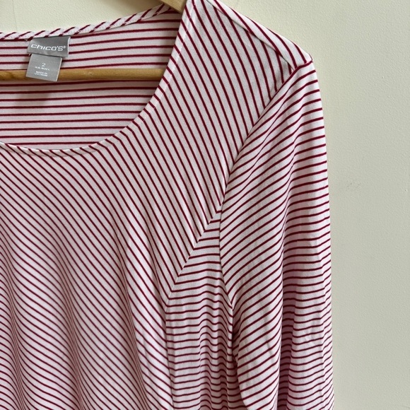 Chicos Red Asymmetrical Stripe 3/4 Sleeve Pockets Tunic Womens Size 12 Top - Picture 6 of 15